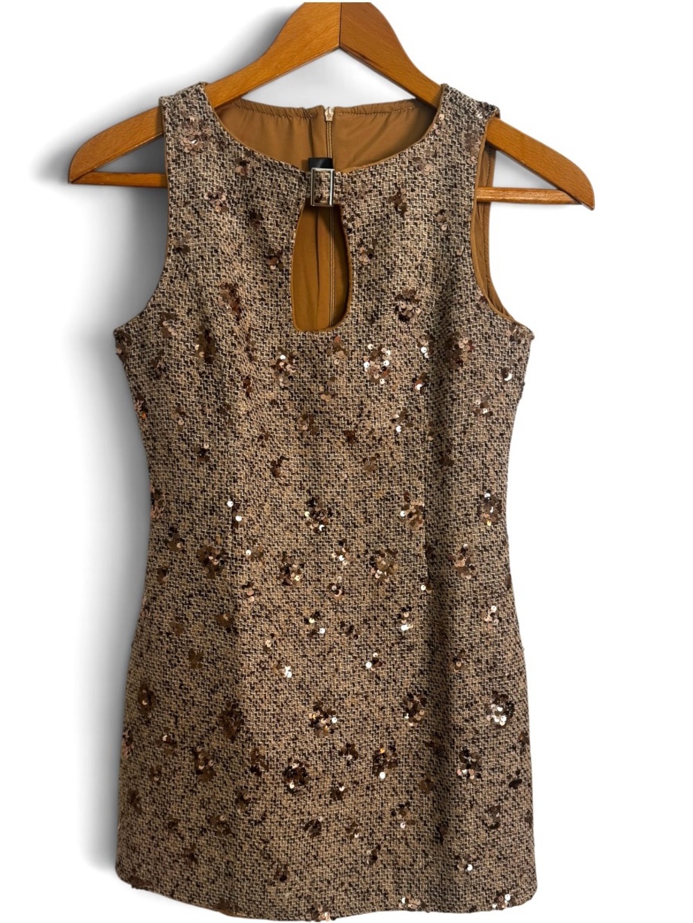 Sleeveless Sequin Tweed Shift Dress in Brown